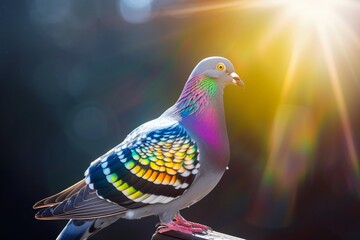 pigeon with iridescent feathers bathing in sunlight