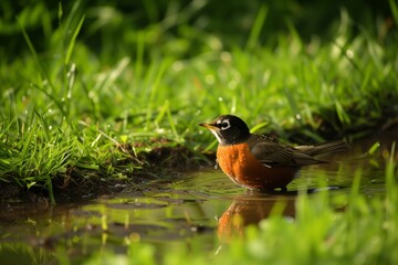 robin bathing in a sunlit puddle on green grass