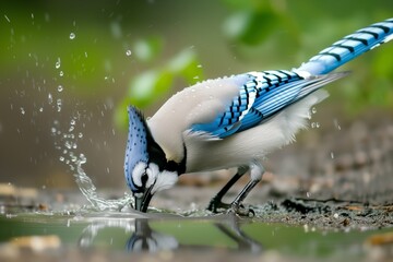 blue jay dipping beak into puddle, droplets flying