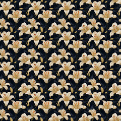 Seamless Pattern of White Lily Flowers on a Black Background, A Beautiful and Versatile Print Design