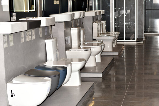 Brovary. Kyiv region. Ukraine. 02.21.2024. Showcase in a store with toilets.