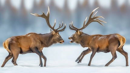 Red deer fight in a sunny forest.