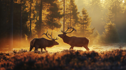 Red deer fight in a sunny forest.