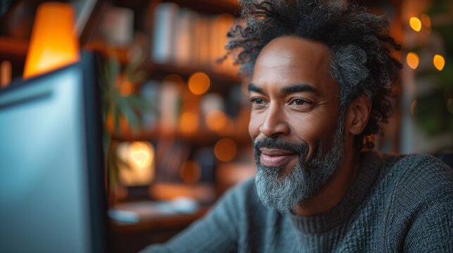 Happy mature man with a friendly smile working from a cozy home office, remote work lifestyle concept