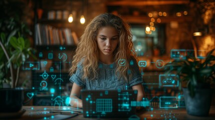 Focused female programmer coding with futuristic holographic interface, concept of software development and technology