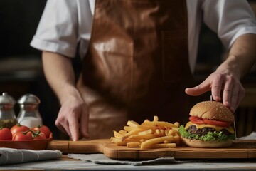 chef in apron presenting a burger and fries on a wooden board