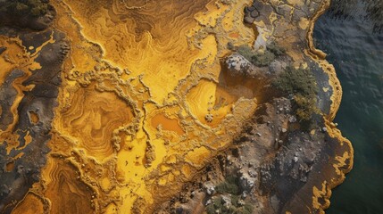 Aerial view of colorful geothermal mineral deposits and waters, sulfur mining