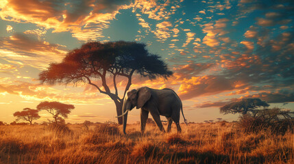 Elephant in Serengeti savanna. - obrazy, fototapety, plakaty