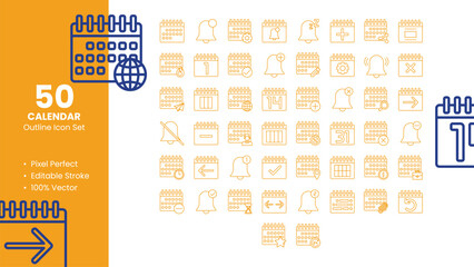 Set of 50 Outline Icons Related to Calendar. Pixel Perfect Icon. Outline Icon Collection. Fully Editable. Vector Illustration.