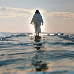 Jesus walking on water. A miracle performed by Jesus Christ described in the Bible. 