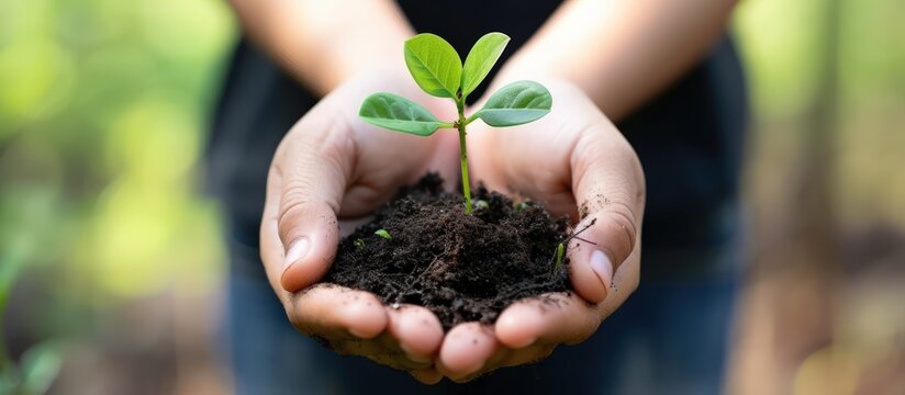 Hands holding Little seedling in black soil. Earth day and Ecology concept. Human hands holding sprout young plant. Generative AI