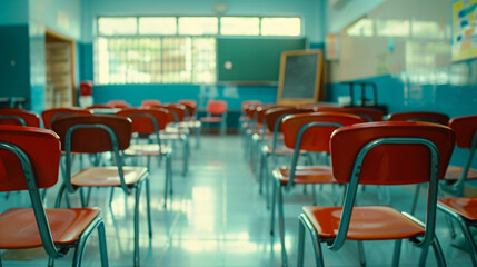 Fototapeta na wymiar Empty school classroom without young students.