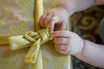 childs fingers struggling with a stubborn knot on a large gift - obrazy, fototapety, plakaty