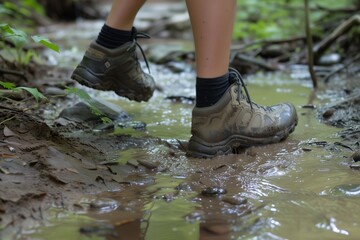 feet in rugged trail shoes stepping over a muddy brook