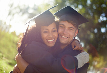 Graduation, university and portrait of students hug for learning, studying and knowledge on campus....