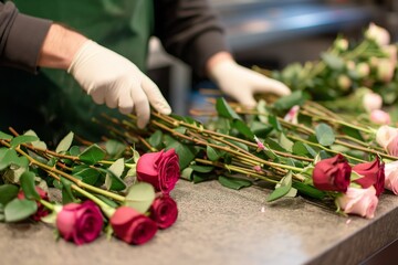 florist trimming stems of roses on counter