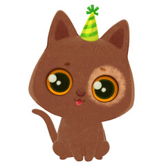 Brown Kitten with a spot around the eye in a Party Hat. Watercolor Illustration with cat.  Festive character on isolated background. Children's cartoon design.