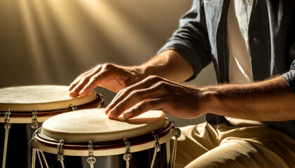 Obraz premium Close-up of a hands of a percussionist while playing wooden bongos. Percussion instrument. Generative Ai.