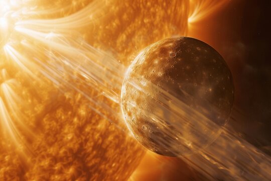 Mercury's thin exosphere, illustrating the planet's faint atmosphere as it interacts with solar wind, with a backdrop of a distant Sun