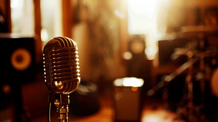 A retro-style microphone bathed in the golden hour light, conveying a sense of nostalgia and warmth...