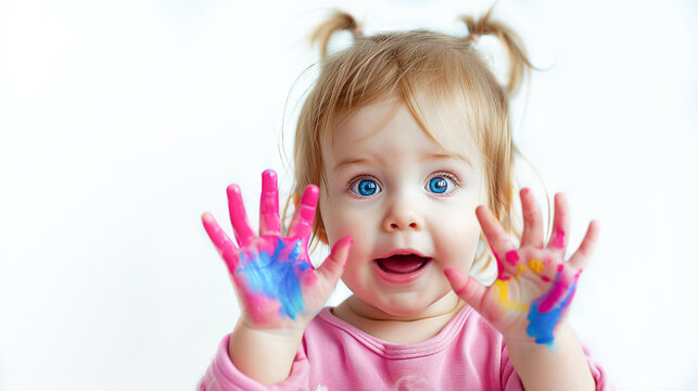 Surprised little girl with blue eyes shows her hands stained with paint, on a white background. Happy child draws with colored paints. Banner with place for text. Peace and happy childhood concept