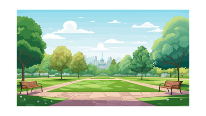 Park scene with bench and city skyline background illustration vector in flat style
