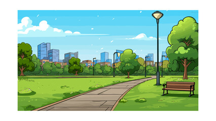 Park scene with bench and city skyline background illustration vector in flat style