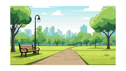 Bench in the park with cityscape in the background. Vector illustration