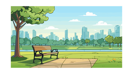 Bench in the park with cityscape in the background. Vector illustration