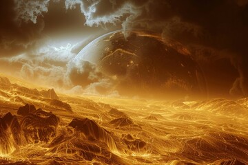 Venus' surface as imagined from a spacecraft descending through its hostile atmosphere, showing volcanic plains and potential signs of ancient lava flows, bathed in a foreboding light - obrazy, fototapety, plakaty