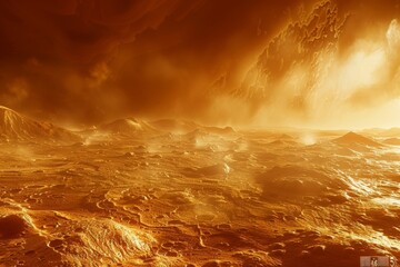 Venus' surface as imagined from a spacecraft descending through its hostile atmosphere, showing volcanic plains and potential signs of ancient lava flows, bathed in a foreboding light - obrazy, fototapety, plakaty