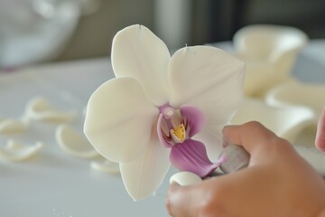 Obraz na płótnie Canvas rolled fondant petals being assembled into an orchid