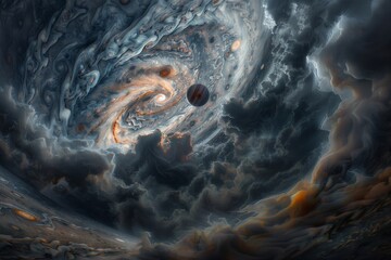Jupiter's Great Red Spot, a massive storm, with swirling clouds and moons visible, highlighting the beauty of our solar system © arhendrix