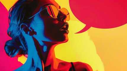 Dynamic Pop Art Style Woman with Comic Speech Bubble: High-Contrast Red and Yellow Backdrop, Modern...