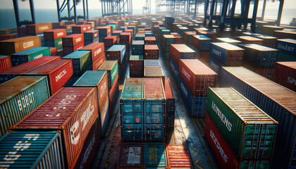 Colorful cargo containers at a busy commercial port. - obrazy, fototapety, plakaty