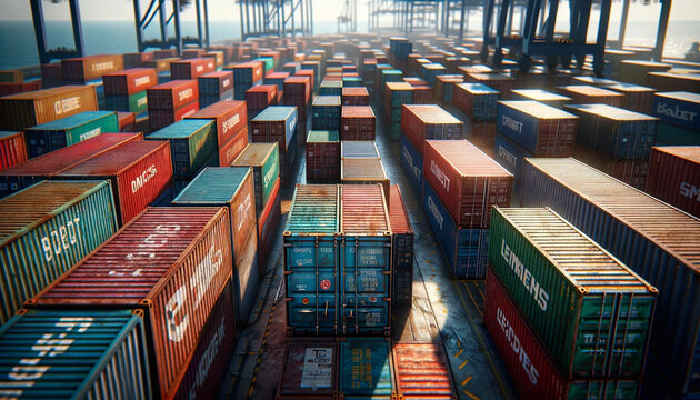 Colorful cargo containers at a busy commercial port.