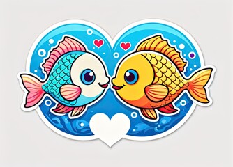 Cute fish duo kisses on white background