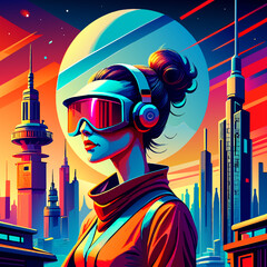 Vector illustration of a girl in a virtual reality helmet on the background of the city.
