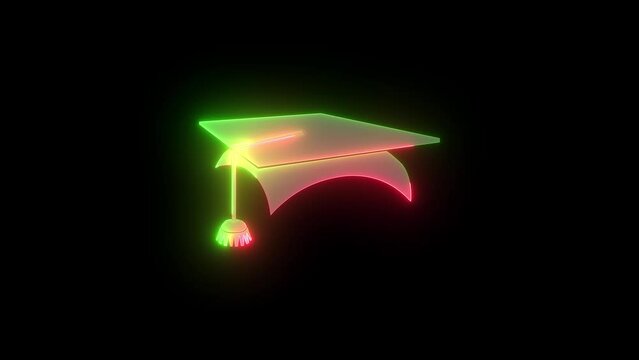 Neon square academic cap icon green red color animation black background