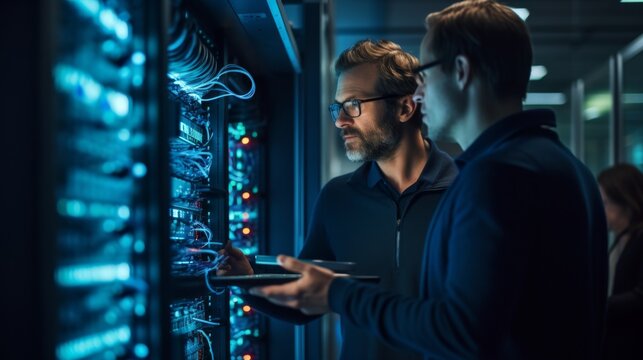 Two professionals configure a server in a data center with network cables and equipment illuminated in blue.