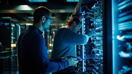 Two IT engineers in glasses work in a server room, monitoring and maintaining data center systems.