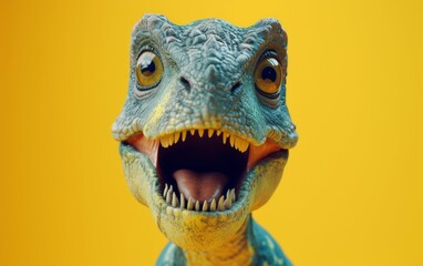 A detailed view of a dinosaur showcasing its open mouth, revealing its sharp teeth and menacing...