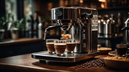 Fototapeta na wymiar Barista espresso machine close up. Shiny steel espresso machine pouring coffee. 