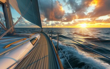 A sailboat is being illuminated by the setting sun in the vast ocean - obrazy, fototapety, plakaty