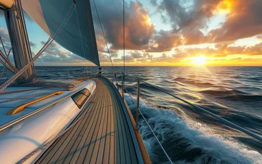 Deurstickers A sailboat is being illuminated by the setting sun in the vast ocean © imagineRbc