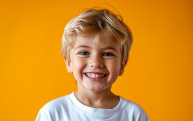 A portrait of a young multiracial boy with blonde hair smiling directly at the camera