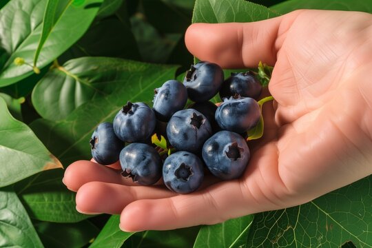 hand cradling a bunch of blueberries with a leafy backdrop