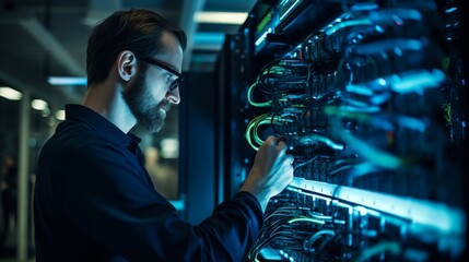 An IT specialist attentively manages cables in a data center server room, showcasing modern technology.