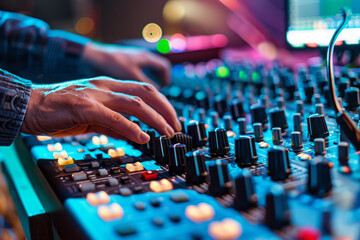 A DJ's hand fine-tuning the sound levels on a professional audio mixer console during a live session. - obrazy, fototapety, plakaty