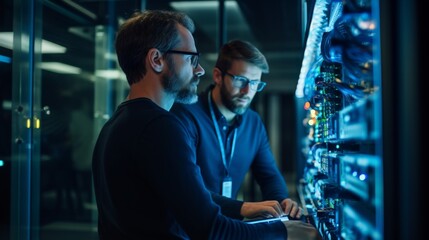 Focused IT engineers managing servers in a data center. Concept of teamwork, technology, and network administration.